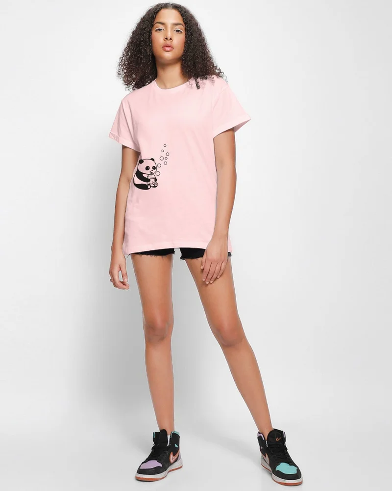 bewakoof  Women's Pink Bubble Panda Graphic Printed Boyfriend T-shirt  | Best Price UAE