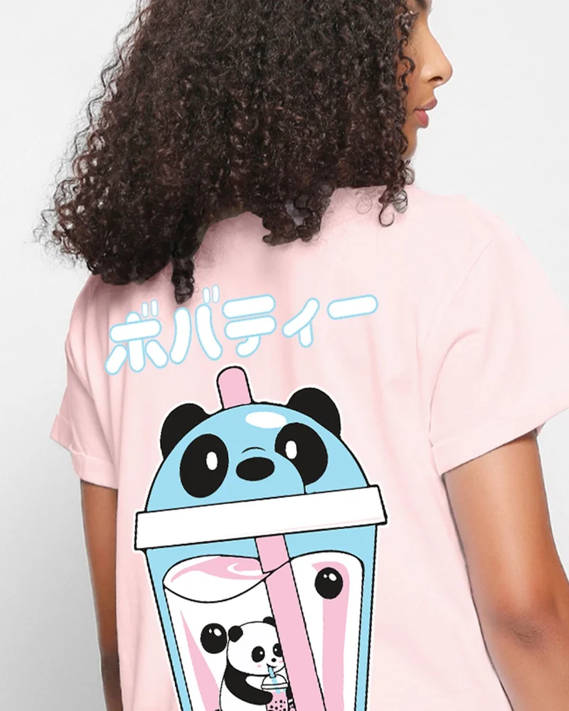 bewakoof  Women's Pink Bubble Panda Graphic Printed Boyfriend T-shirt  | Best Price UAE