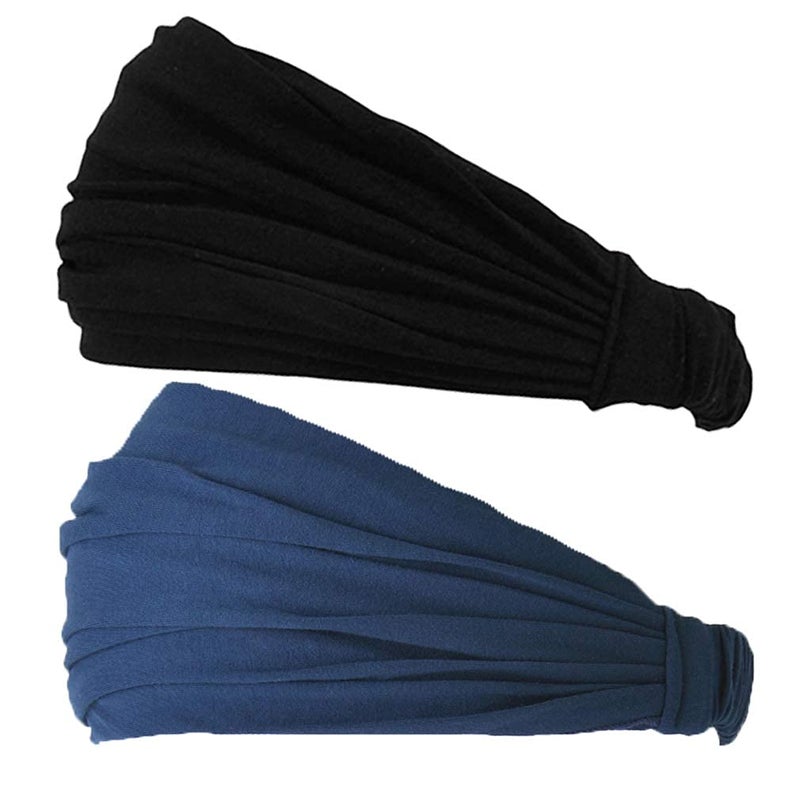 CHARM Black & Navy 2-Pack Japanese Bandana Headbands for Men and Women – Comfortable Head Bands with Elastic Secure Snug Fit Ideal Runners Fitness Sports Football Tennis Stylish Lightweight M - Image 2