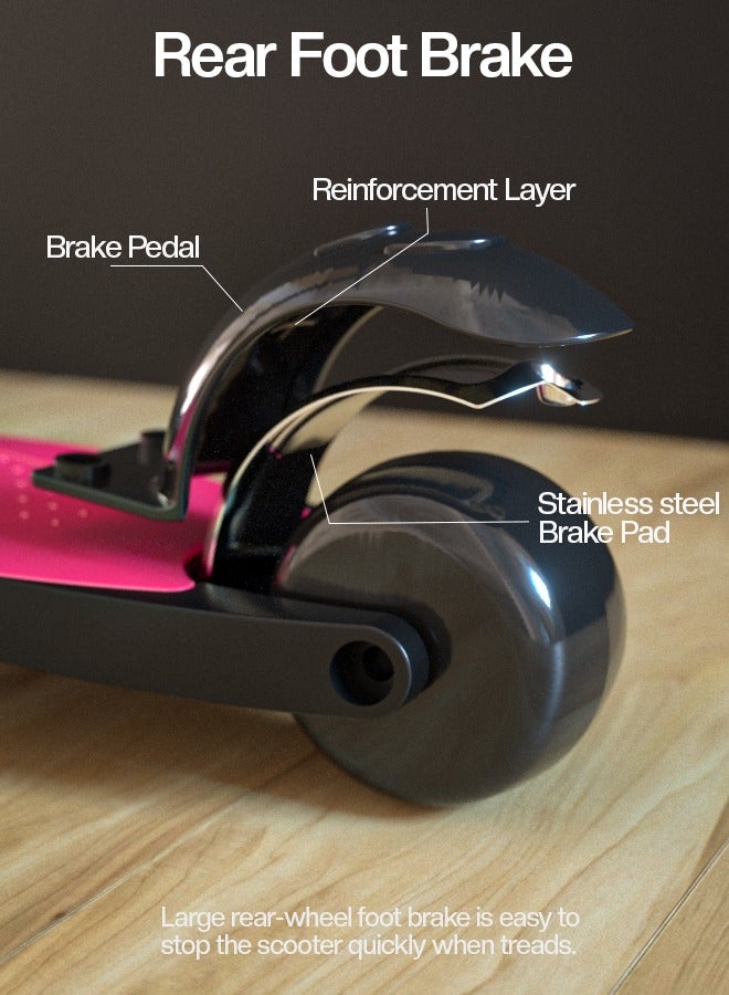 بيبي سكوتر بايبى ألفا سكيت للأطفال 3 عجلات سكوتر للأطفال مع مقبض قابل للطي 4 ارتفاع قابل للتعديل مع عجلات من البولي يوريثان LED سكوتر ذكي للأطفال من سن 3 إلى 10 سنوات للأولاد والبنات لون زهري - Image 5