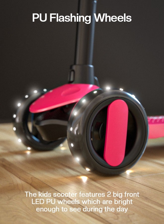 بيبي سكوتر بايبى ألفا سكيت للأطفال 3 عجلات سكوتر للأطفال مع مقبض قابل للطي 4 ارتفاع قابل للتعديل مع عجلات من البولي يوريثان LED سكوتر ذكي للأطفال من سن 3 إلى 10 سنوات للأولاد والبنات لون زهري - Image 3