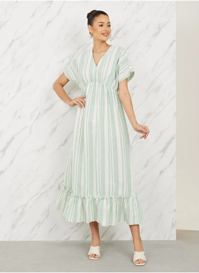 Styli Striped Batwing Sleeves A-line Midi Dress