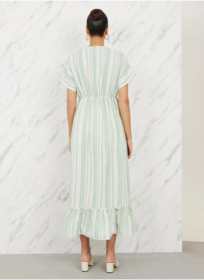 Styli Striped Batwing Sleeves A-line Midi Dress