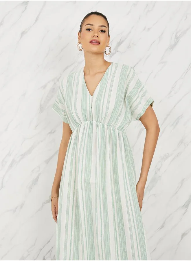 Styli Striped Batwing Sleeves A-line Midi Dress