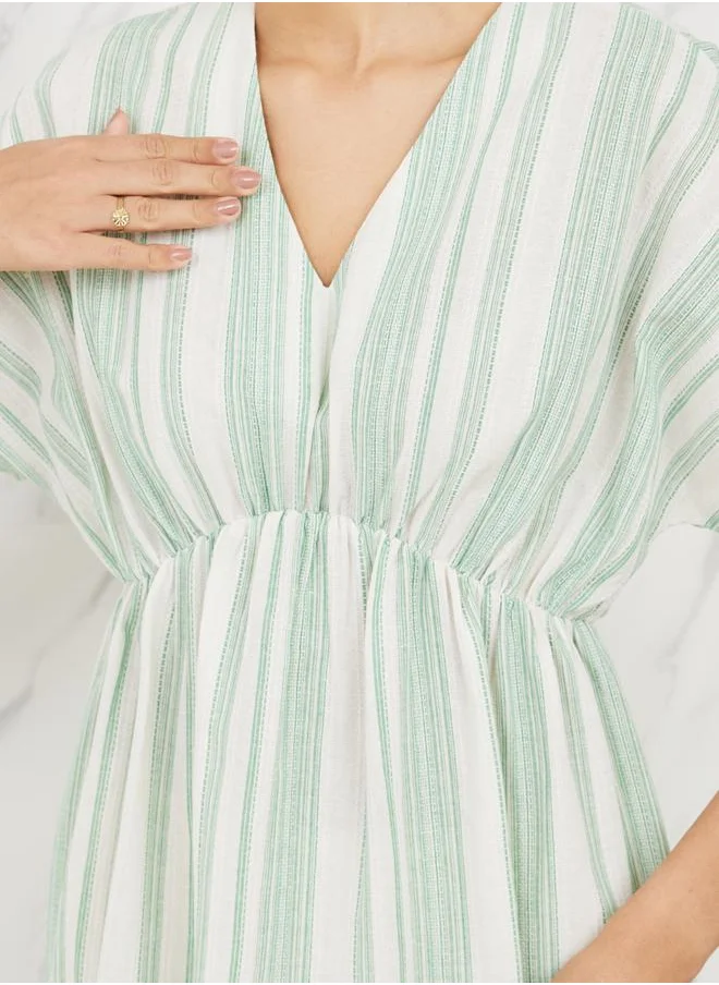 Styli Striped Batwing Sleeves A-line Midi Dress