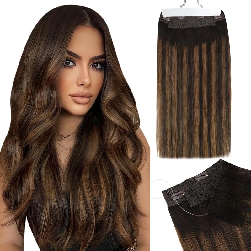 Ugeat Wire Hair Extensions Real Human Hair Brown Ombre Fishing Wire Human Hair Extensions Darkest Brown to Medium Brown Balayage Invisible Wire Hair Extensions Brown Long Hair Extensions 20 Inch 95g