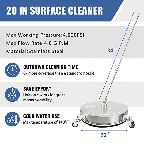 JANZ 20'' Pressure Washer Surface Cleaner with 4 Wheels, Stainless Steel Housing, 1/4" Quick Plug, 2 Extension Wands, 2 Replacement Nozzles and 3 Spray Nozzles, 4000 PSI - Image 2
