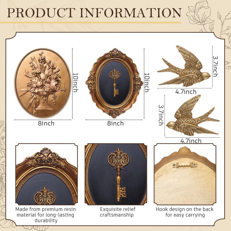 Kathfly 4 Pcs Vintage Wall Sculpture Set 3D Retro Love Bird Decor Gold Flower Hanging Decoration Antique Wall Statue Decor Gallery for Kitchen Bedroom Living Room, Valentine's Day Gift for Couple - Image 2