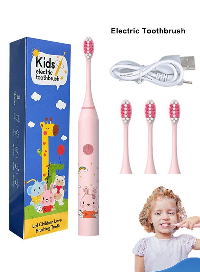 Super ZYouth Kids Electric Toothbrush With 4 Replacement Heads USB Rechargeable Pink Bunny - Image 1