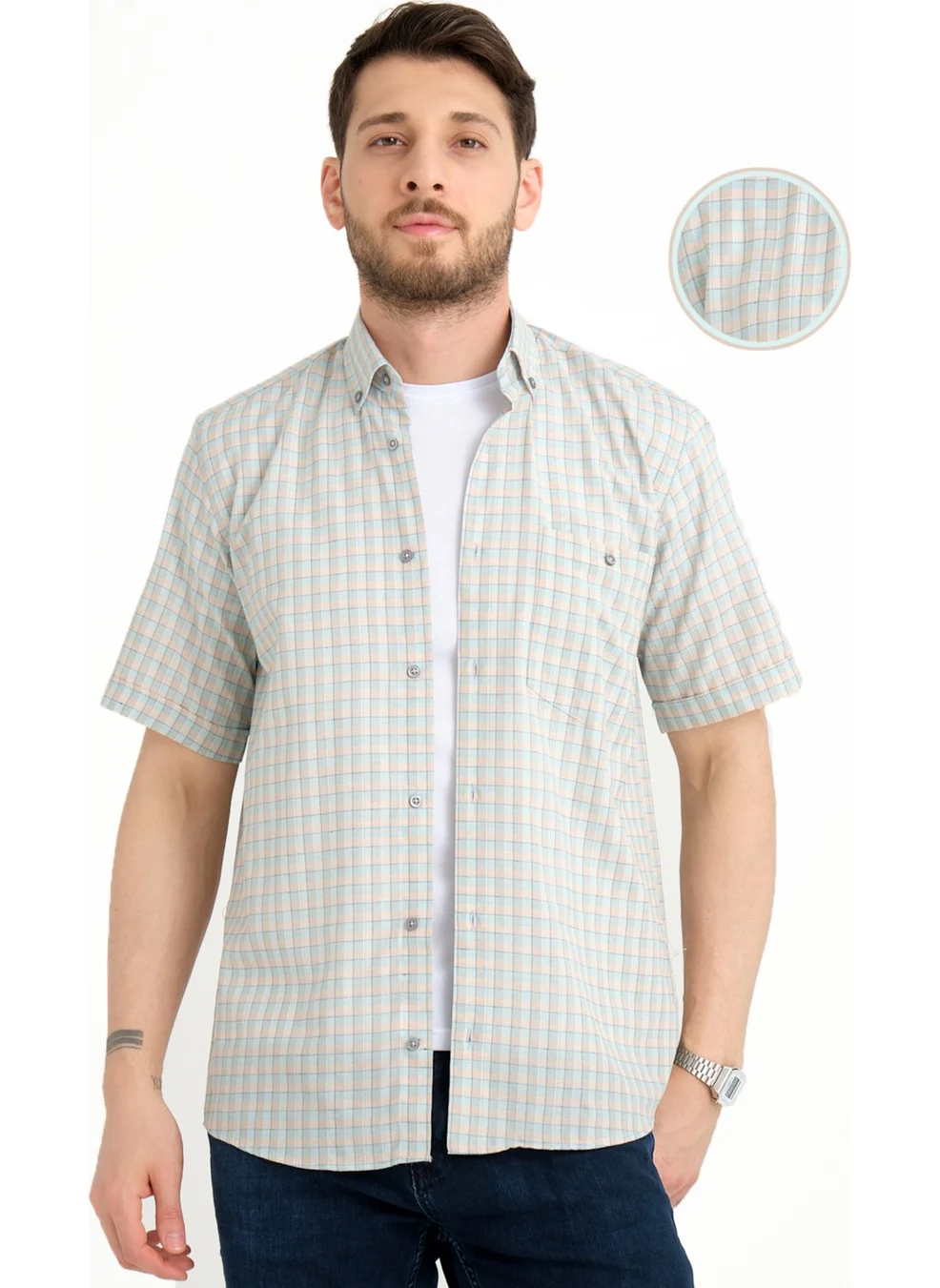 فاريتا Men's Water Green Short Sleeve Pocket Cotton Summer Checkered Shirt