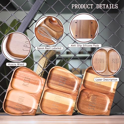 NOOETAH Large Acacia Wood Spoon Rest, Double Wooden Spoon Holder With Non Slip Silicone Feet, Handmade Kitchen Rest for Kitchen Countertop (Brown) - Image 3