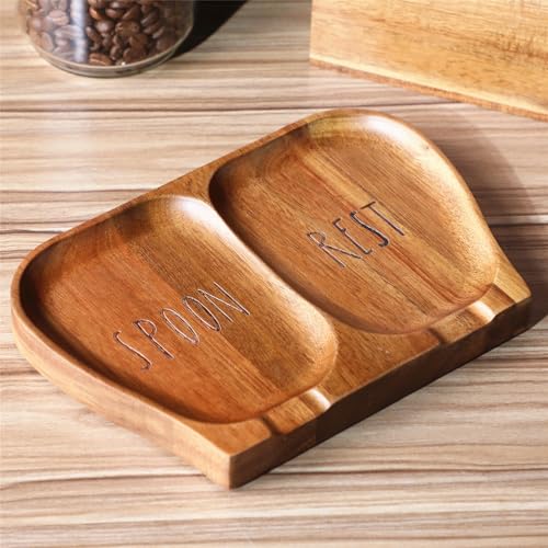 NOOETAH Large Acacia Wood Spoon Rest, Double Wooden Spoon Holder With Non Slip Silicone Feet, Handmade Kitchen Rest for Kitchen Countertop (Brown) - Image 1