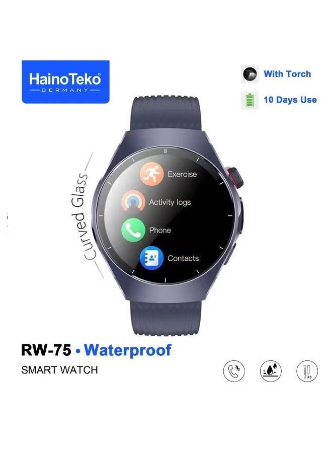 Haino Teko RW-75 Waterproof Smart Watch with Curved AMOLED Display, Bluetooth Calling, Heart Rate & Sleep Monitoring, Multi-Sport Fitness Tracking Modes, Smart Notifications, Long Battery Backup, Ultra-Slim Unisex Design with 3 Interchangeable Straps and Fast Charging Cable – Designed for Gents – Blue - Image 2