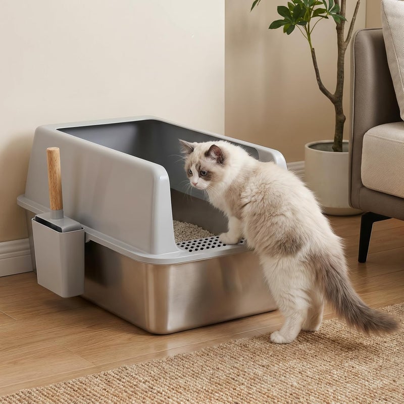 WISFOR Stainless Steel Cat Litter Box: Large Metal Cat Litter Pan High Sided Tray with Litter Mat for Small to Medium Sized Kittens, Never Absorbs Odor, Non-Stick Surface - Image 3