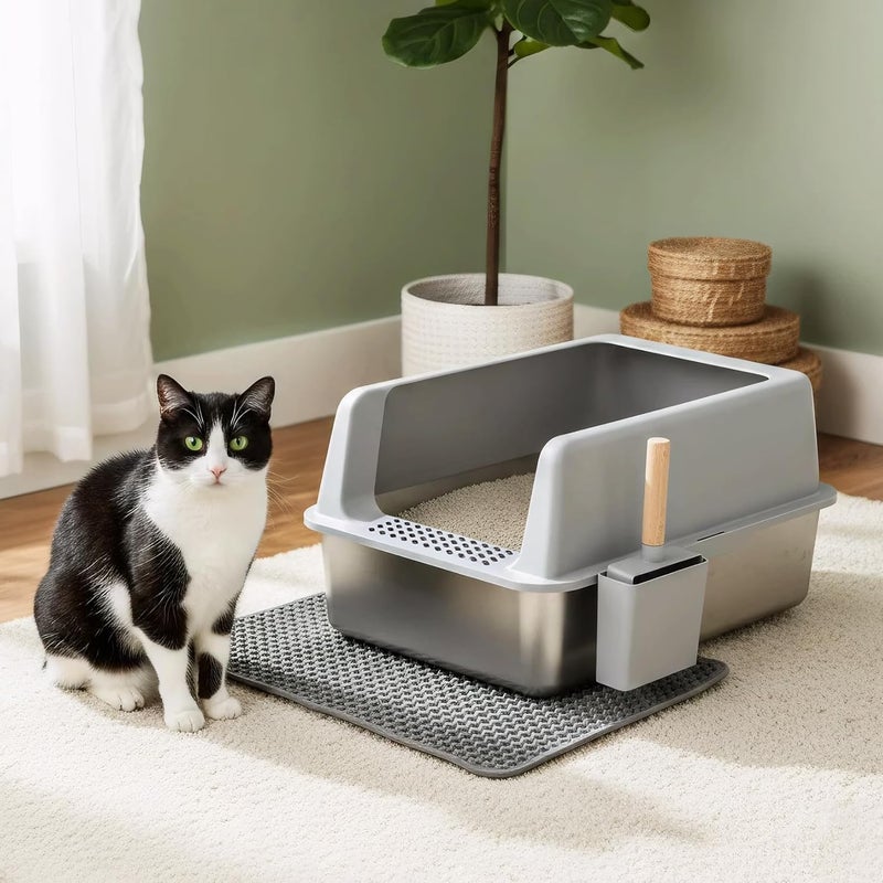 WISFOR Stainless Steel Cat Litter Box: Large Metal Cat Litter Pan High Sided Tray with Litter Mat for Small to Medium Sized Kittens, Never Absorbs Odor, Non-Stick Surface - Image 1