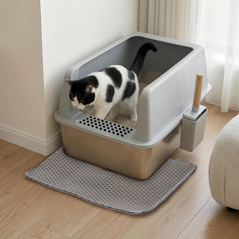 WISFOR Stainless Steel Cat Litter Box: Large Metal Cat Litter Pan High Sided Tray with Litter Mat for Small to Medium Sized Kittens, Never Absorbs Odor, Non-Stick Surface - Image 2