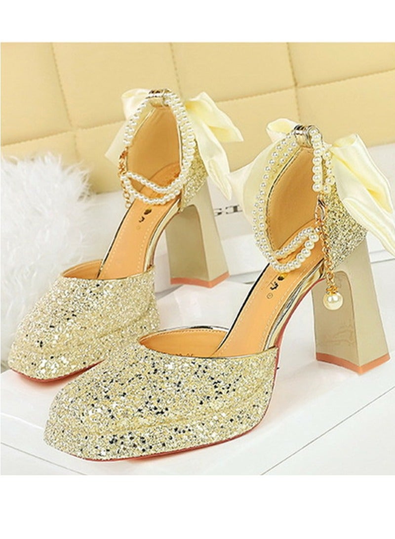 بيج تري المرأة لامعة الباعثات منصة شانكي الكعب العالي مربع مغلق إصبع القدم مضخات الخفيفة الذهب 9 سم - Image 1