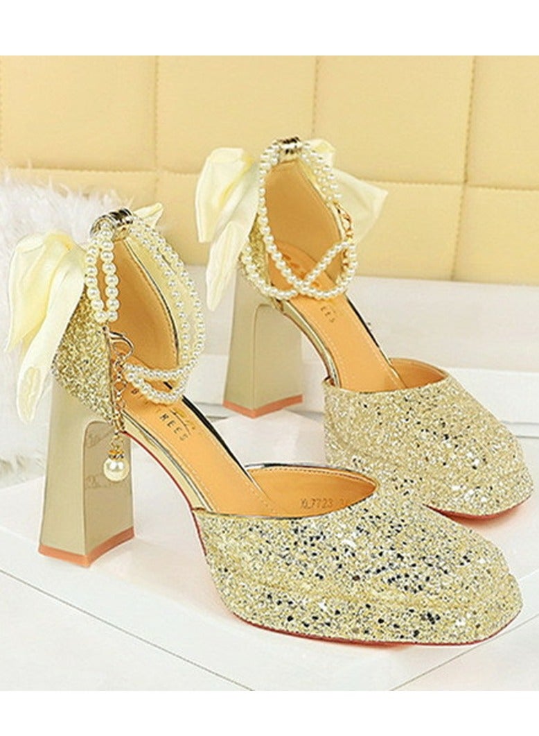 بيج تري المرأة لامعة الباعثات منصة شانكي الكعب العالي مربع مغلق إصبع القدم مضخات الخفيفة الذهب 9 سم - Image 2