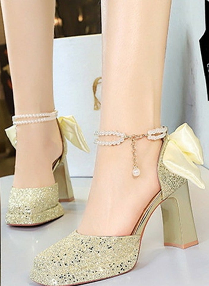 بيج تري المرأة لامعة الباعثات منصة شانكي الكعب العالي مربع مغلق إصبع القدم مضخات الخفيفة الذهب 9 سم - Image 3