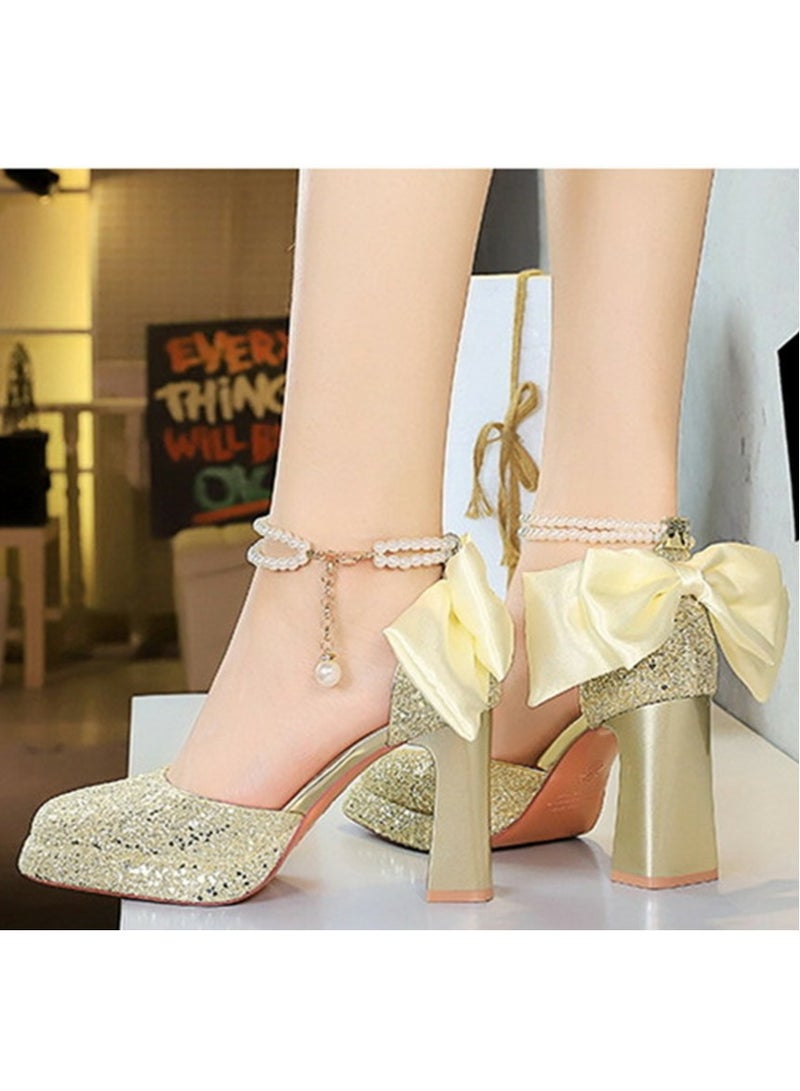 بيج تري المرأة لامعة الباعثات منصة شانكي الكعب العالي مربع مغلق إصبع القدم مضخات الخفيفة الذهب 9 سم - Image 4