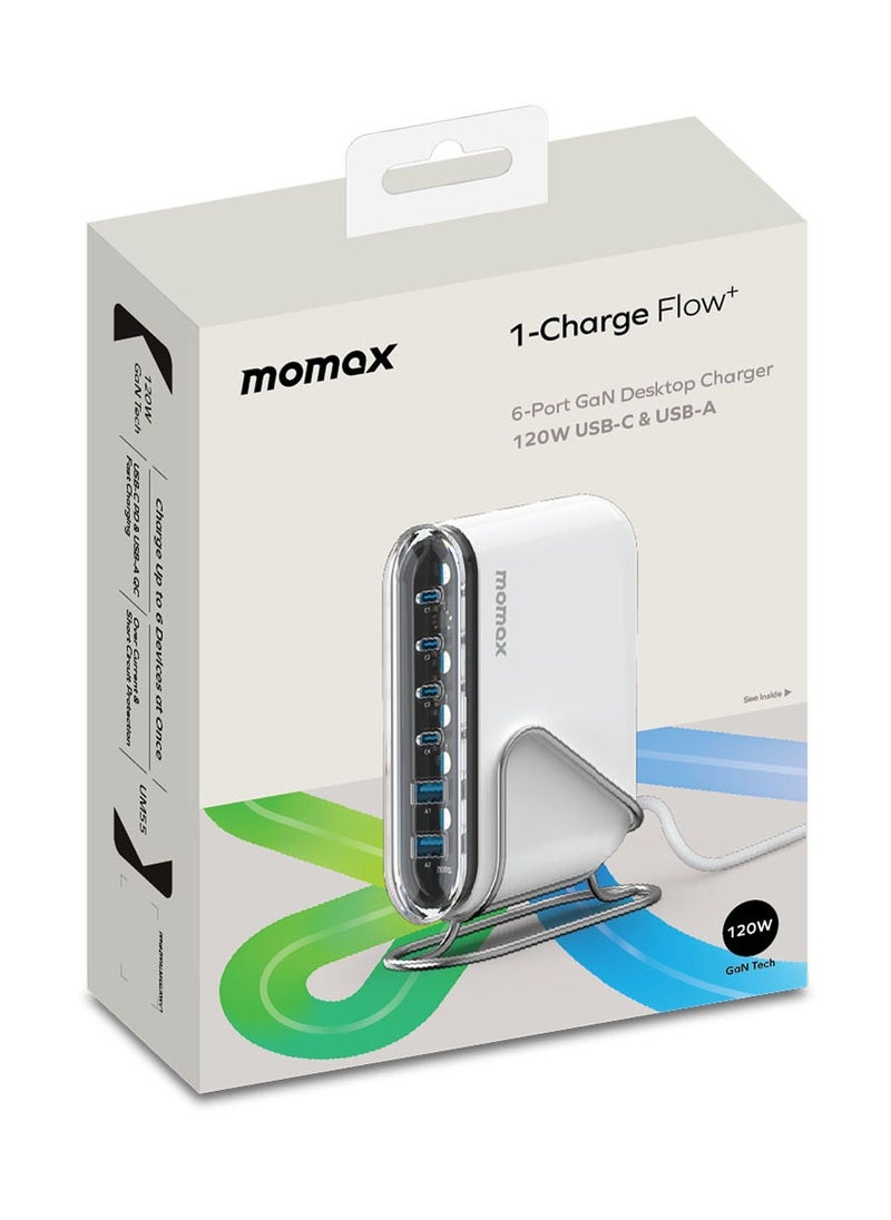 Momax - UM55 1-Charge Flow Plus PD 120W 6 Ports GaN Tech USB-C & USB-A Fast Charging - White - Image 1