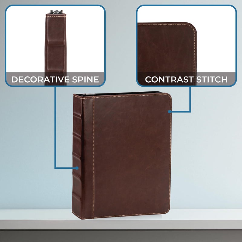 Samsill Vintage Leather Mini 3 Ring Zipper Binder, 1 Inch Round Ring Capacity (Holds 200 Sheets), 5.5 x 8.5 Inch Documents, Notebook Organizer, Planner, Brown with Contrast Stitching - Image 4