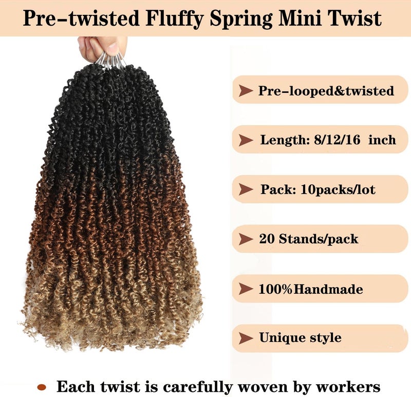 FALEMEI Yanky Pre-Twisted Natural Black Mini Spring Twist Crochet Hair, 16 Inch Small Curly Senegalese Braids (OT30/27, 3 Tones Ombre Brown, Pack of 10) - Image 2