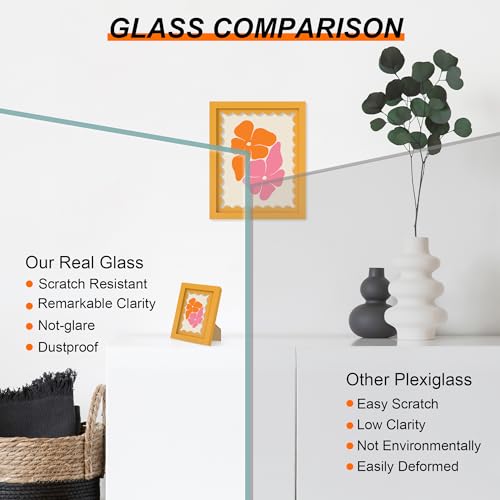 THKRLOF 5x7 Picture Frame with Real Glass Wooden cute 5 x 7 Photo Frame with Wavy Mat for Tabletop and Wall Hanging Yellow 1 Pack - Image 3