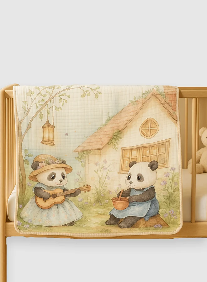 LITTLE SURPRISE BOX Little Surprise Box, Blue Frock Panda print Super Soft Breathable pure Muslin cotton Blanket for Infants
