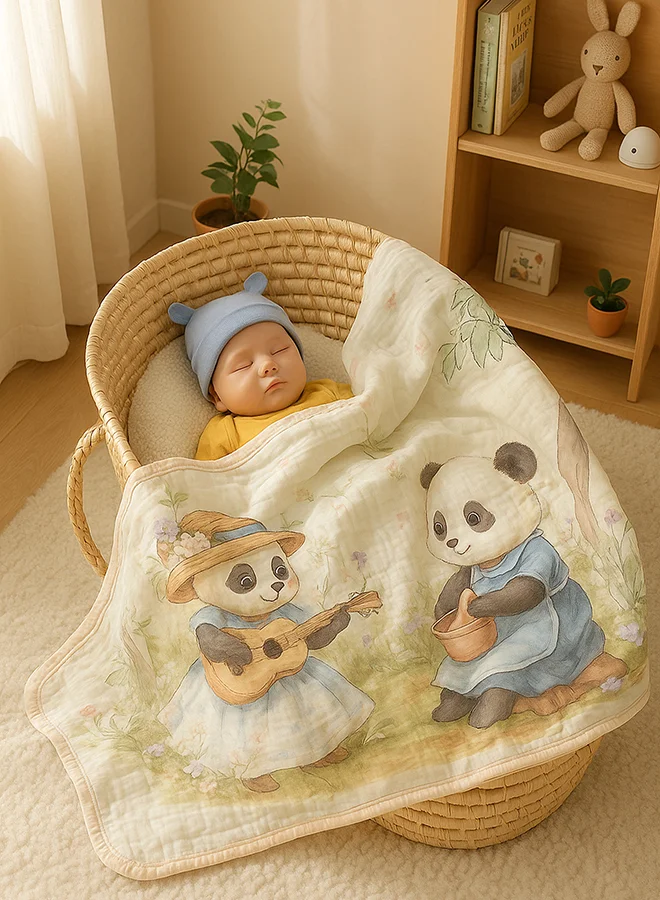 LITTLE SURPRISE BOX Little Surprise Box, Blue Frock Panda print Super Soft Breathable pure Muslin cotton Blanket for Infants