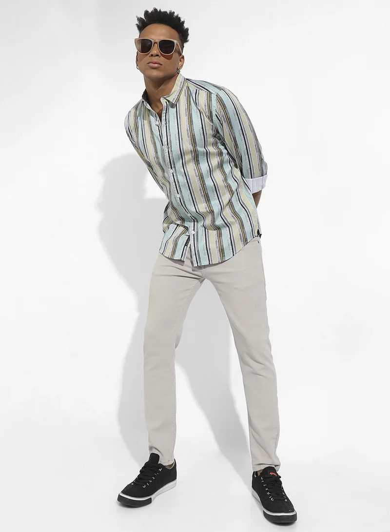 Campus Sutra Men's Mint Green Faded Barcode Striped Shirt