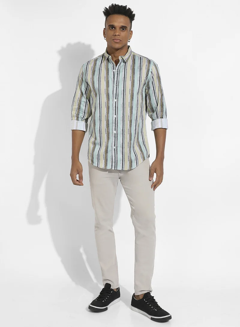Campus Sutra Men's Mint Green Faded Barcode Striped Shirt