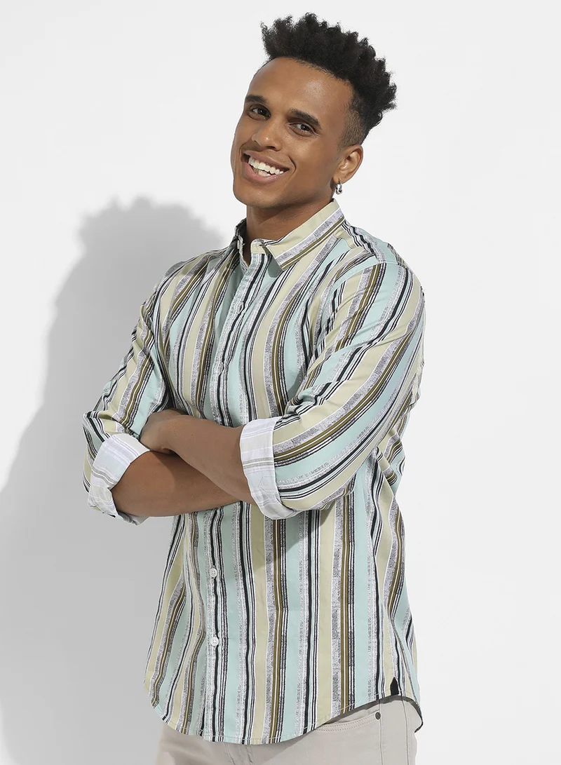 Campus Sutra Men's Mint Green Faded Barcode Striped Shirt