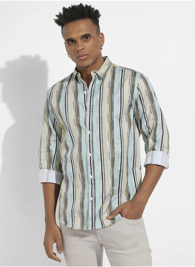 كامبوس سوترا Men's Mint Green Faded Barcode Striped Shirt
