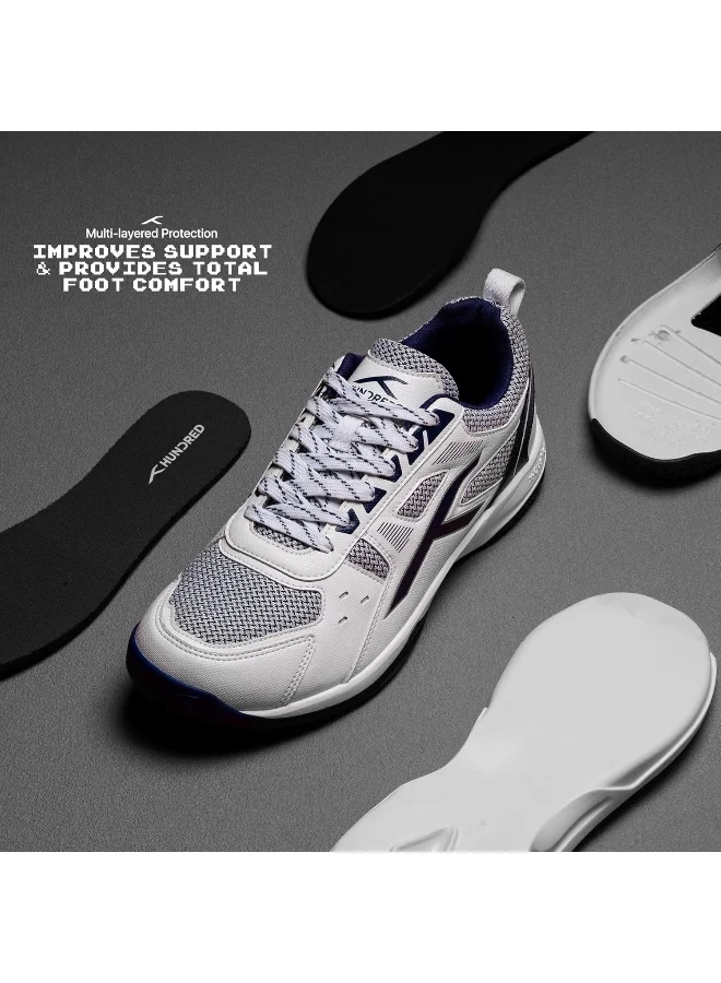 هندرد HUNDRED Raze Badminton Shoes (Non Marking) | Lightweight & Durable | X-Cushion, Active Grip Sole, Toe Assist (White/Navy, 6UK)