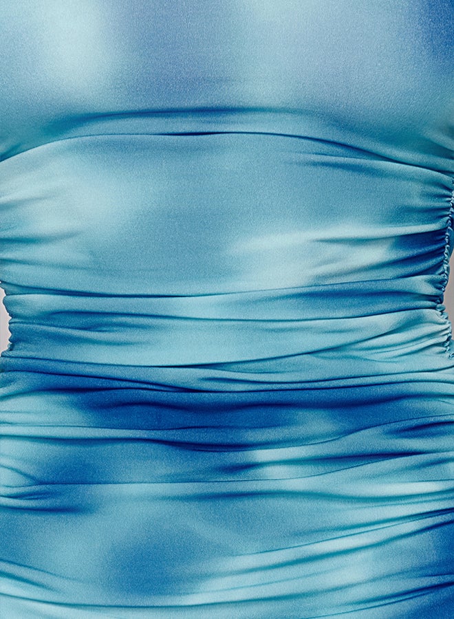 trendyol Blue Abstract Patterned Gather/Drape Detail Fitted Stretch Knitted Mini Pencil Dress - Image 4