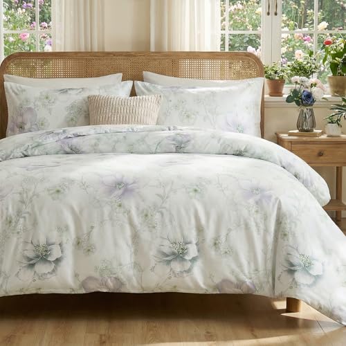 Cozaline Floral Duvet Cover Queen Size 100% Cotton Reversible Green Floral Duvet Cover Set with Zipper Closure 3 Pcs Green Leaf Soft & Breathable Bedding Comforter Cover - Image 1