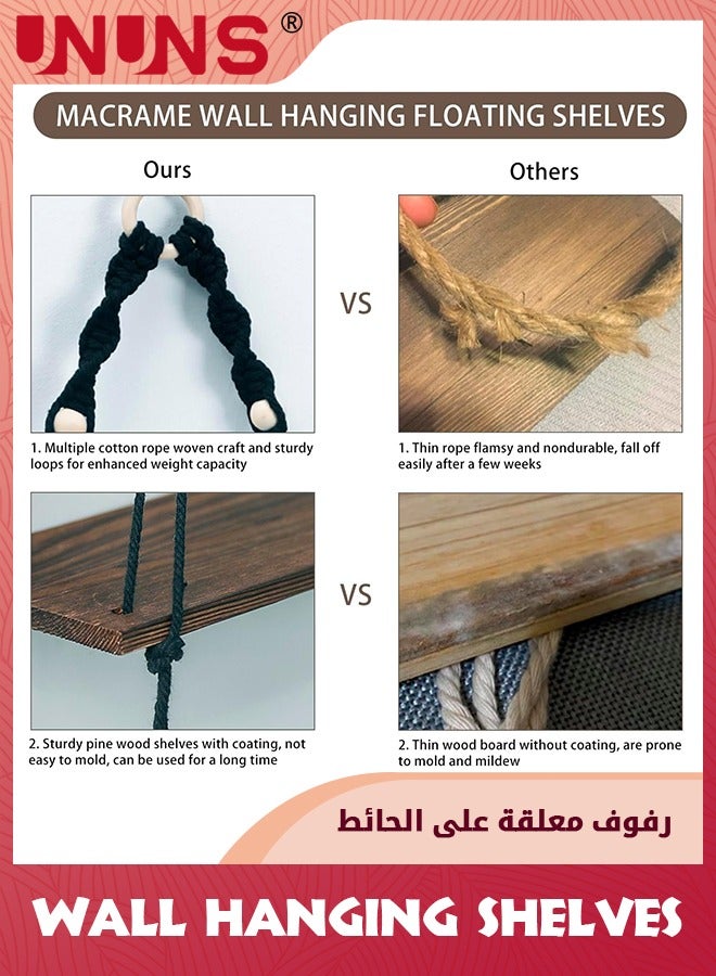 UNUNS Wooden Wall Hanging Shelves,Macrame Hanging Plant Shelf Boho,Handmade Rustic Hanger Planter Rack,Storage Floating Shelves - Image 2