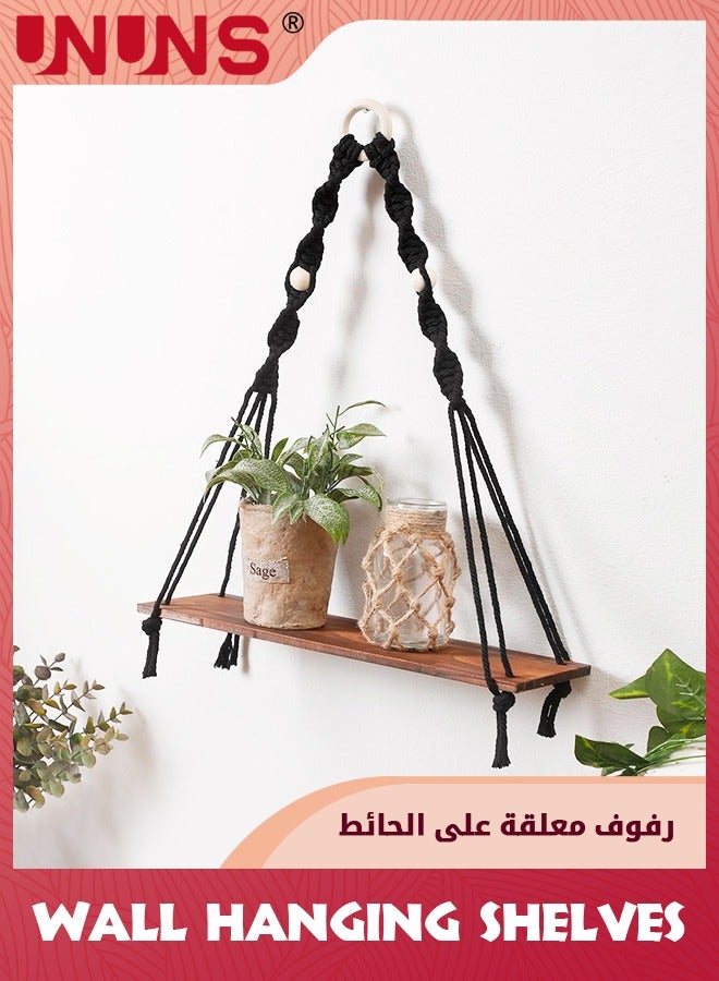 UNUNS Wooden Wall Hanging Shelves,Macrame Hanging Plant Shelf Boho,Handmade Rustic Hanger Planter Rack,Storage Floating Shelves - Image 1