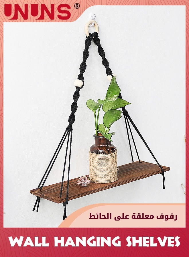 UNUNS Wooden Wall Hanging Shelves,Macrame Hanging Plant Shelf Boho,Handmade Rustic Hanger Planter Rack,Storage Floating Shelves - Image 4