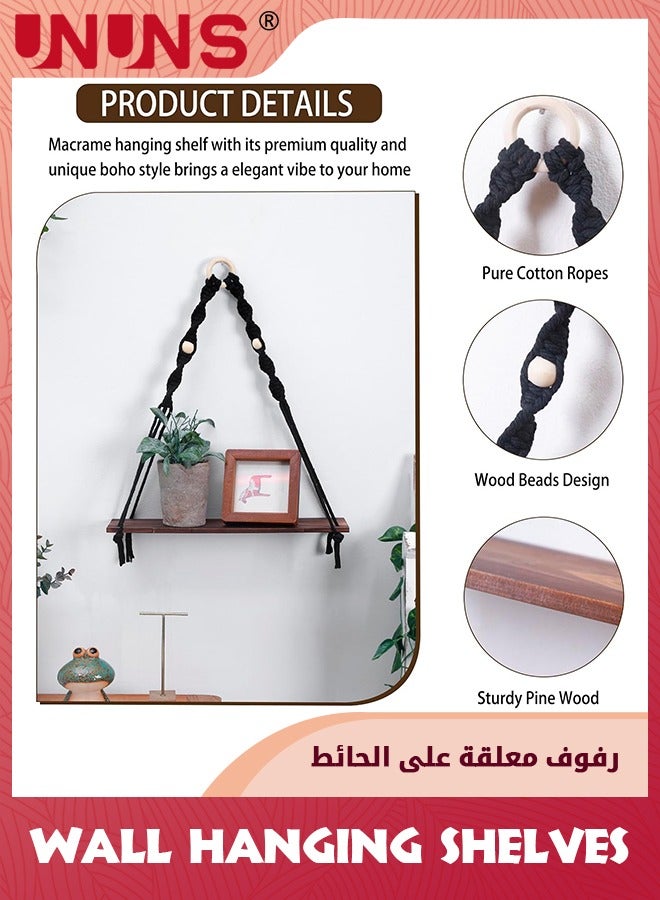 UNUNS Wooden Wall Hanging Shelves,Macrame Hanging Plant Shelf Boho,Handmade Rustic Hanger Planter Rack,Storage Floating Shelves - Image 3