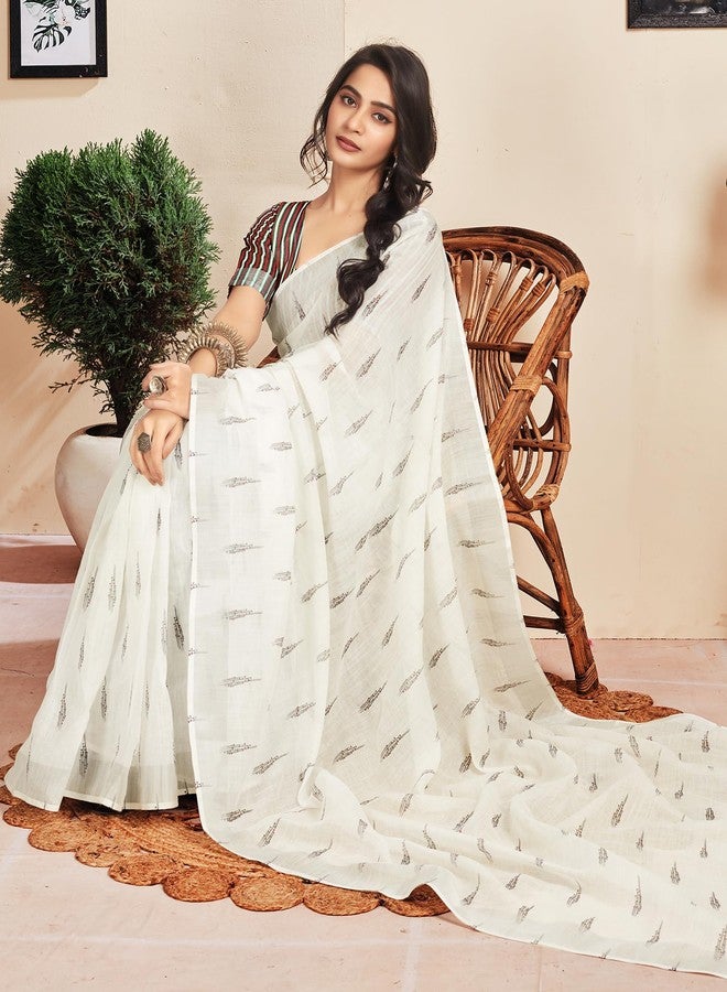 SIRIL Women's Cotton Printed Zari Stripe Ready to Wear Saree with Unstitched blouse Piece (18RS165_White) - Image 4