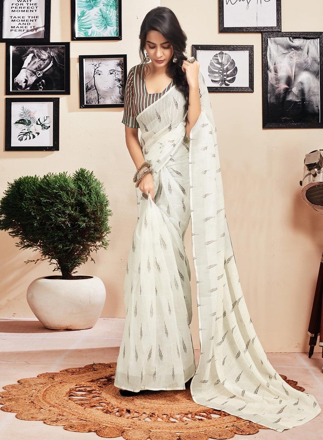 SIRIL Women's Cotton Printed Zari Stripe Ready to Wear Saree with Unstitched blouse Piece (18RS165_White) - Image 2