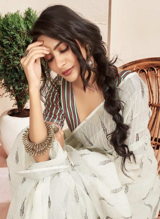 SIRIL Women's Cotton Printed Zari Stripe Ready to Wear Saree with Unstitched blouse Piece (18RS165_White) - Image 5