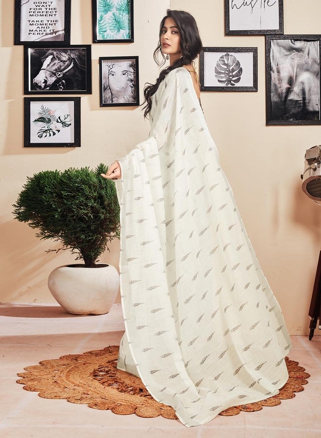 SIRIL Women's Cotton Printed Zari Stripe Ready to Wear Saree with Unstitched blouse Piece (18RS165_White) - Image 3