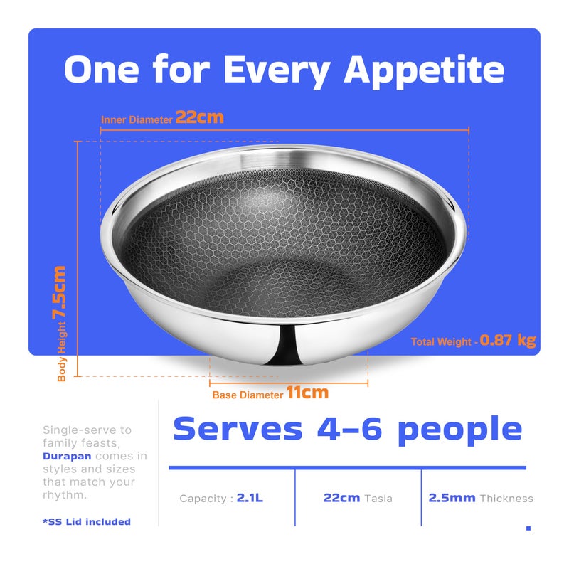 Durapan Non Stick Triply Tasla with SafeHEX Honeycomb Technology for Easy Release | Heavy Bottom Stainless Steel Tasla with Induction Friendly Base (Stainless Steel Lid, 22cm - 2.1L) - Image 3