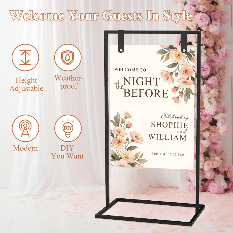 JCMCDO Elegant Wedding Sign Stand Holder, Sturdy Wedding Welcome Sign Holder with 8 Pair Satin Ribbon & 2 Leather Strap for Seating Charts & Event Decor Wedding Seating Chart Stand, Easel for Display (Black) - Image 3