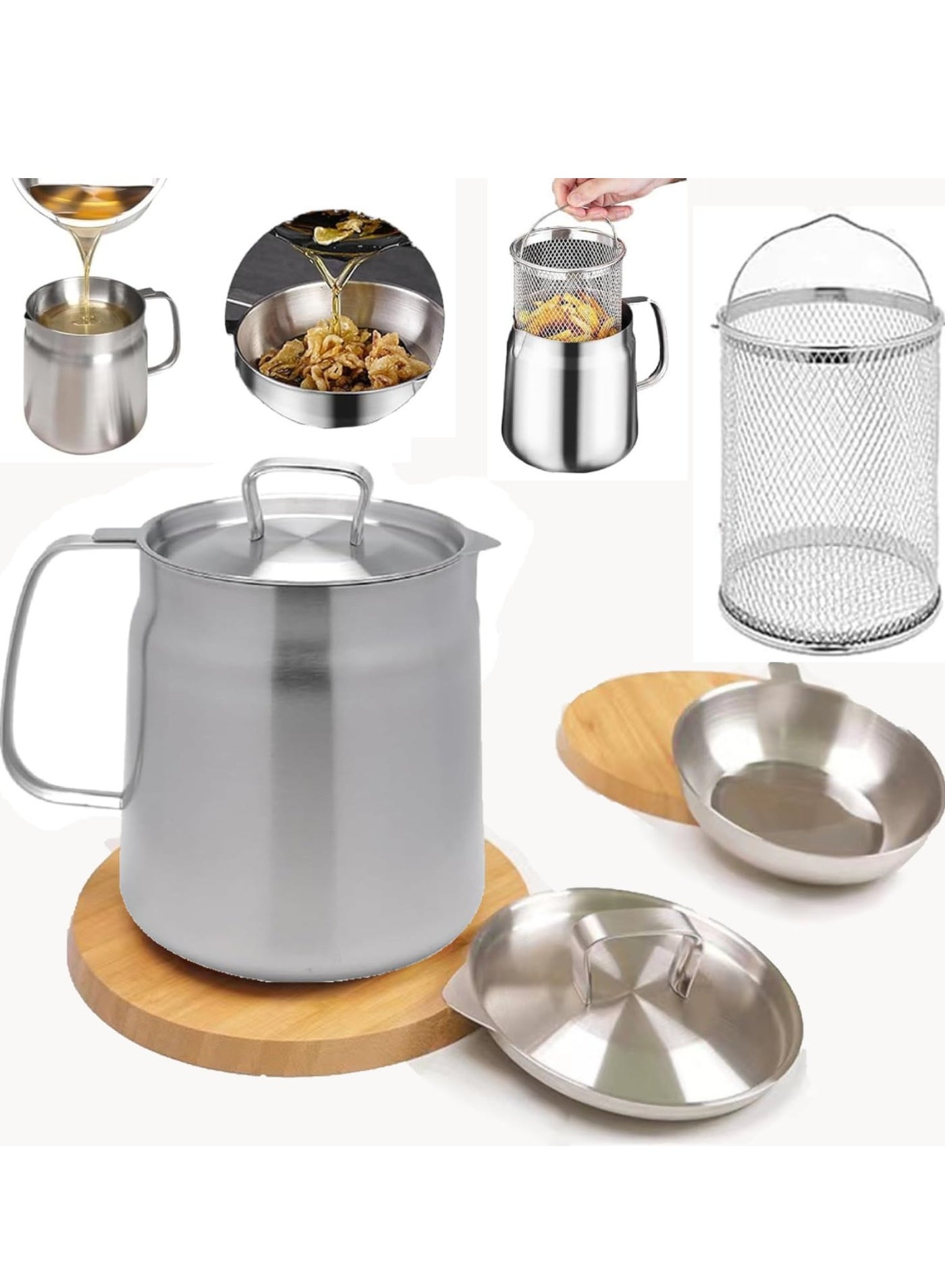 XiuWoo 1.5L Stainless Steel Large Capacity Oil Fryer And Filter Cup Combo, 304 Stainless Steel Oil Filter Pot, Small fryer, with Fried Basket