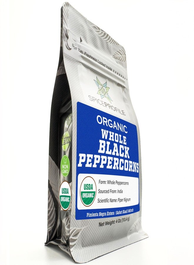 Spice Profile USDA Organic Black Peppercorns Whole, Lab Tested for Heavy Metals, Resealable 4oz Pouch, Kali Mirch, Pimienta Negra en Granos - Image 1