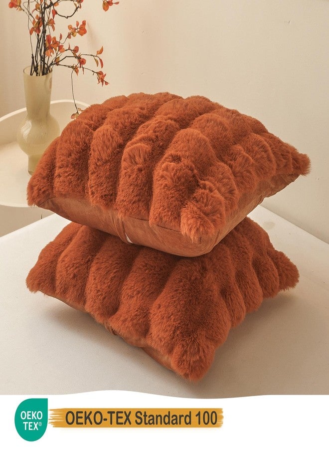 LIFEREVO 2 Pieces Fluffy Faux Rabbit Fur Throw Pillow Covers, Luxury Plush Shaggy 18x18 Bubble Cushion Covers with Zipper, Decorative Furry Fuzzy Pillow Shams for Bed Couch Sofa Chair, Burnt Orange - Image 3
